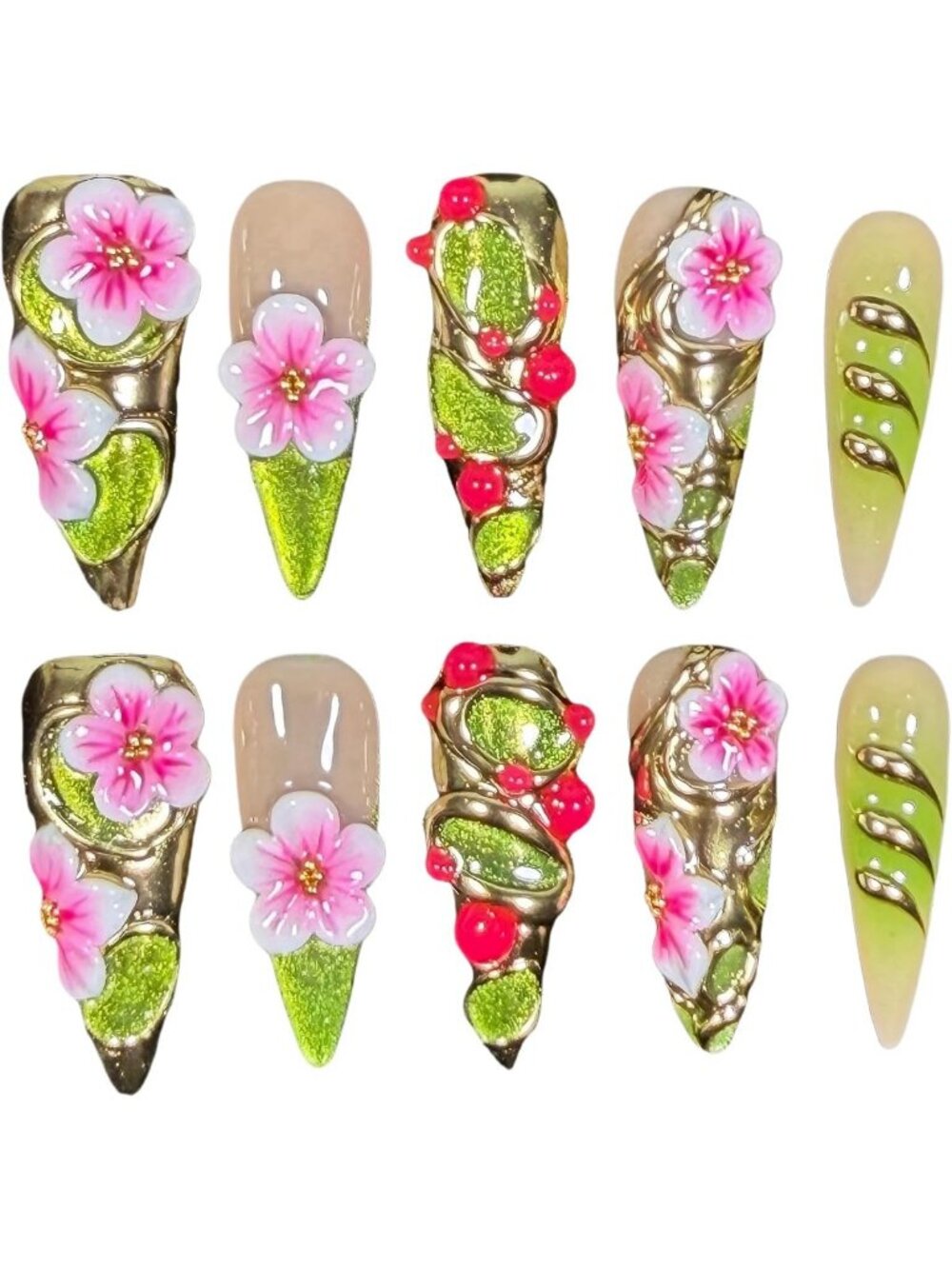 Luxury Floral Press-On Nails, Handmade Elven Forest Design, Perfect for Any